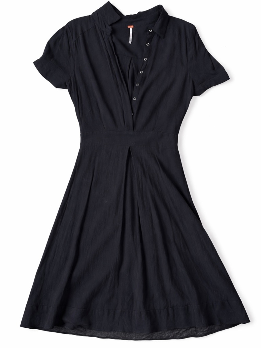 Free People Black Short-Sleeve Midi Dress with Button Placket